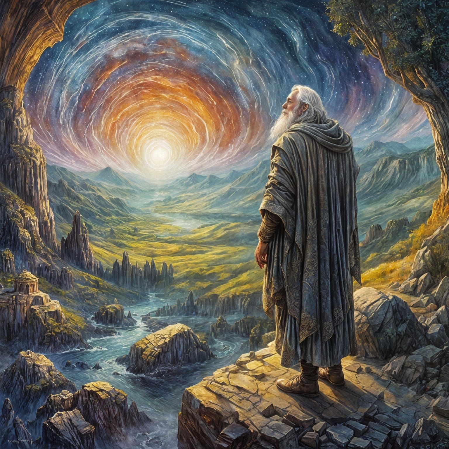 Druid Ritual Under Galactic Skies in Gouache Style