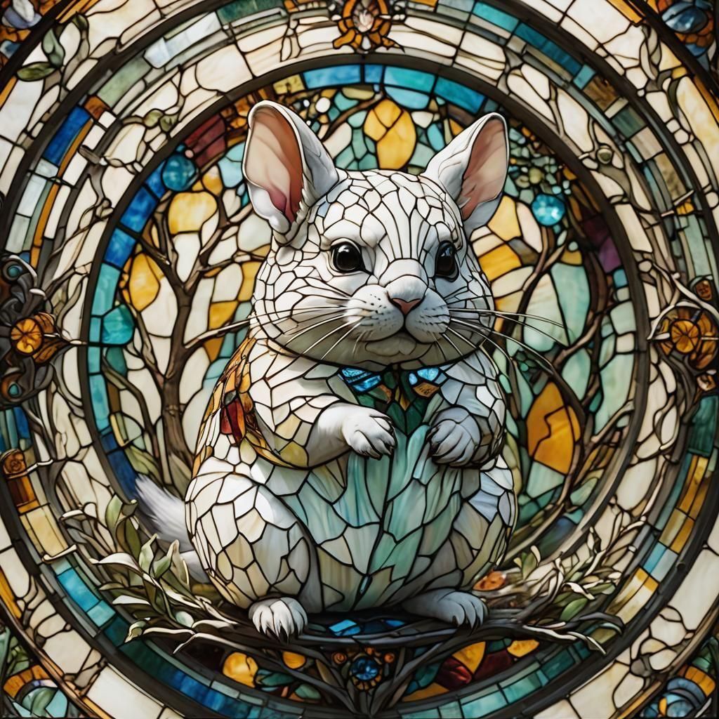 Biomechanical Stained Glass Chinchilla in Glass Dome