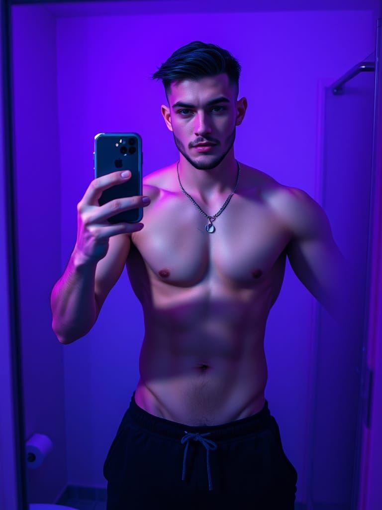 Muscular Man Takes Moody Selfie in Dimly Lit Bathroom