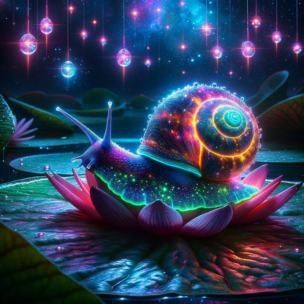 Bioluminescent Snail Journey Across Cosmic Lily Pad