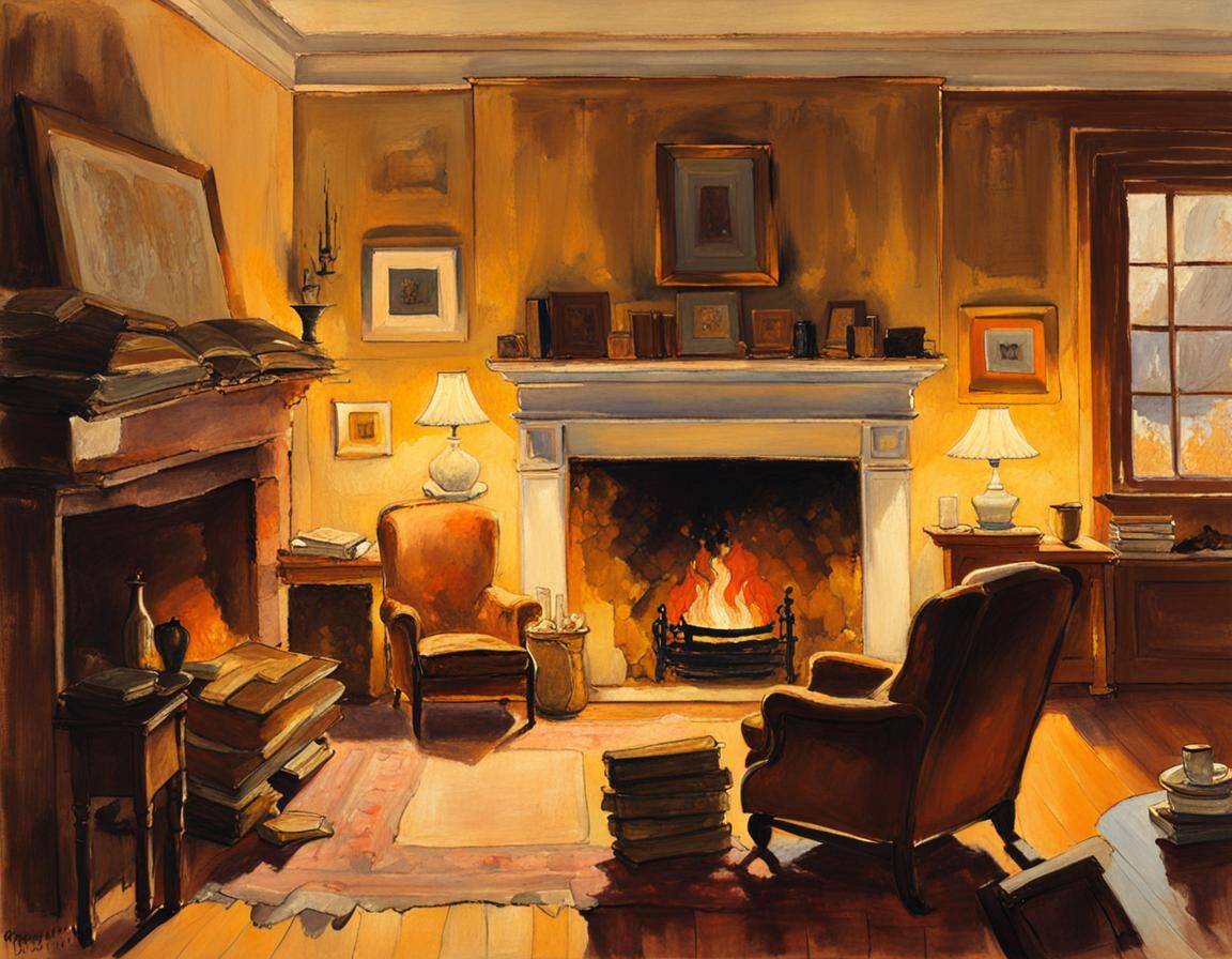 Cozy Living Room with Fireplace in Oil Painting Style