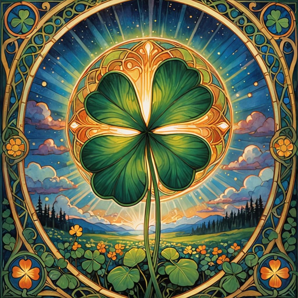 Mystical Four-Leaf Clover and Rainbow in Art Nouveau