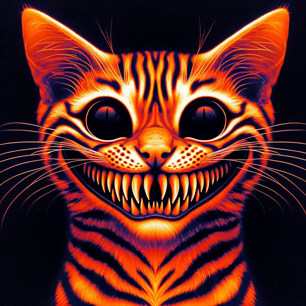 Whimsical Orange-Black Fantasy Cat with Exaggerated Smile
