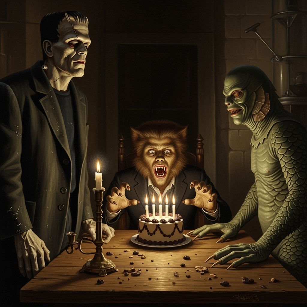 Monsters Celebrate a Birthday in Classic Oil Painting Style