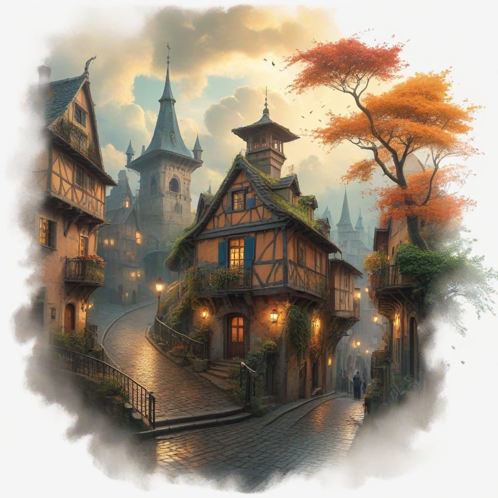 Medieval Enchantments in Whimsical Rainy Street Scene