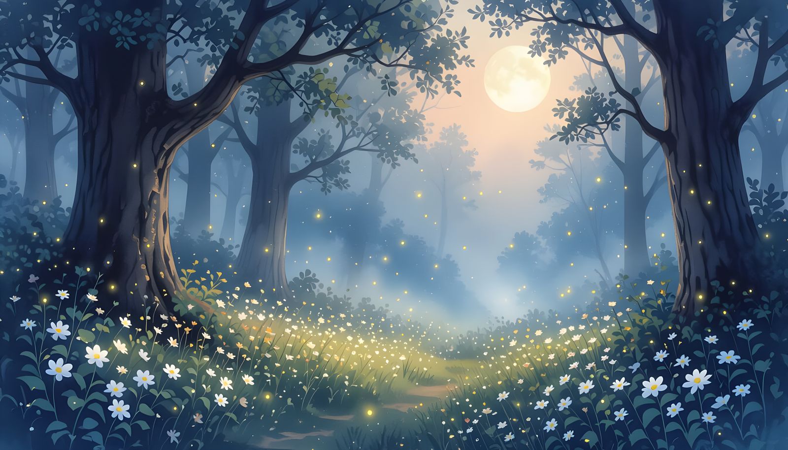 Tranquil Forest Clearing at Twilight in Watercolor Style