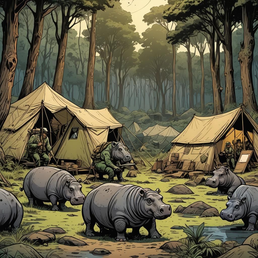 Hippos Camping in Comic Book Style