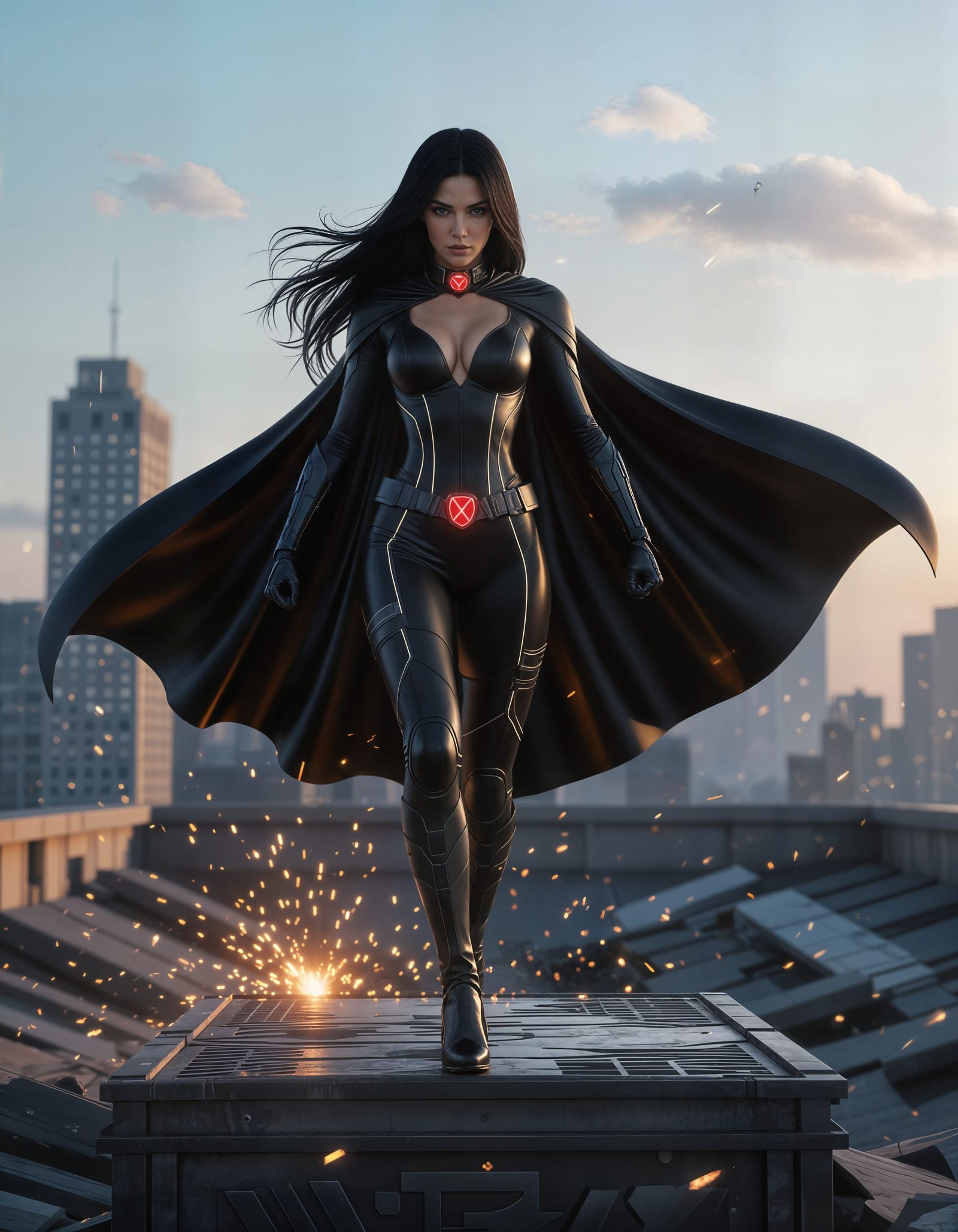 Futuristic Heroine Lands on Metallic Platform