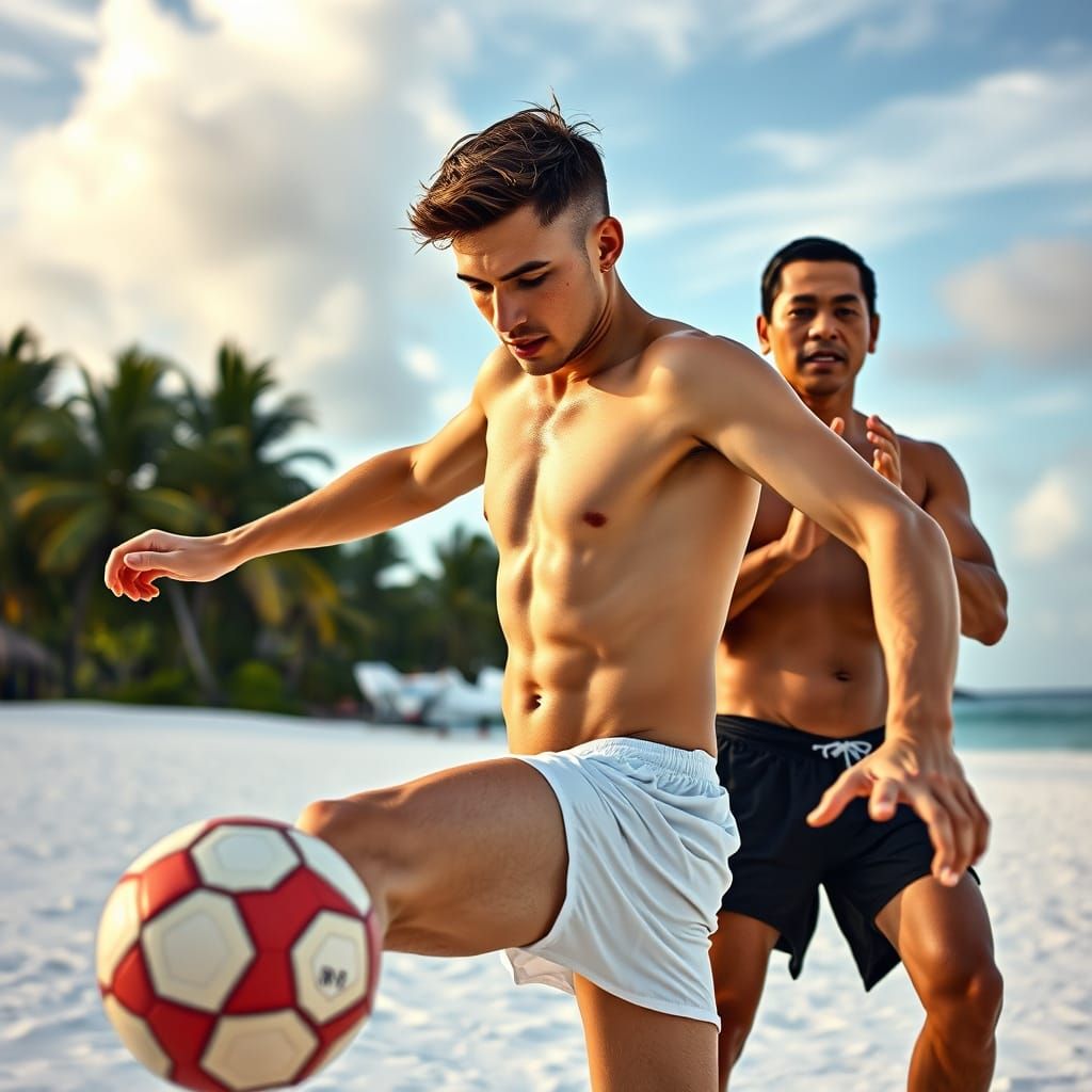 Hyperrealistic Beach Football Scene in Ash Thorp Style