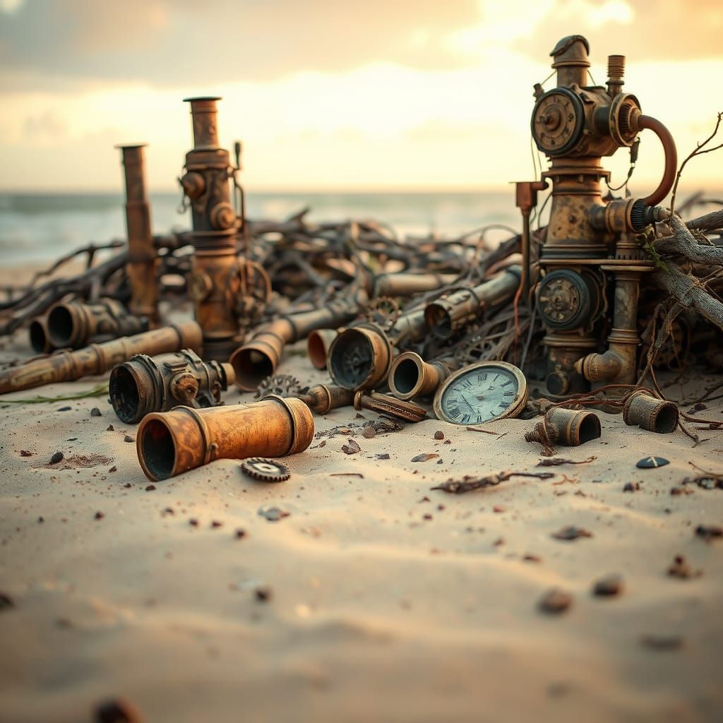 Steampunk Wreckage on Deserted Beach