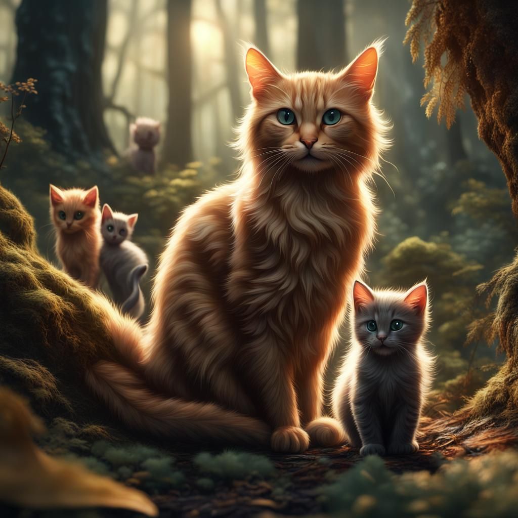 Tan Cat and Kittens in Forest, Detailed Matte Painting