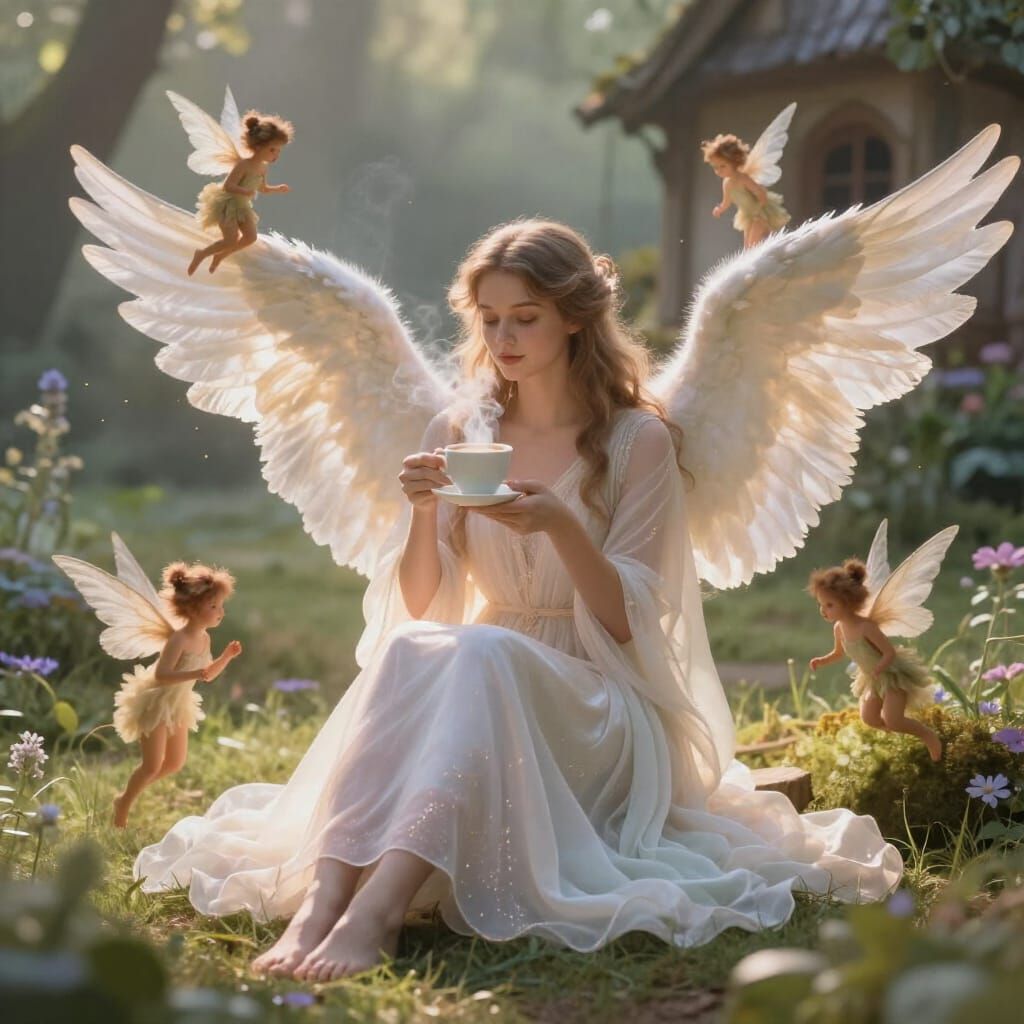 Mystical Angel with Glowing Wings in Enchanted Forest