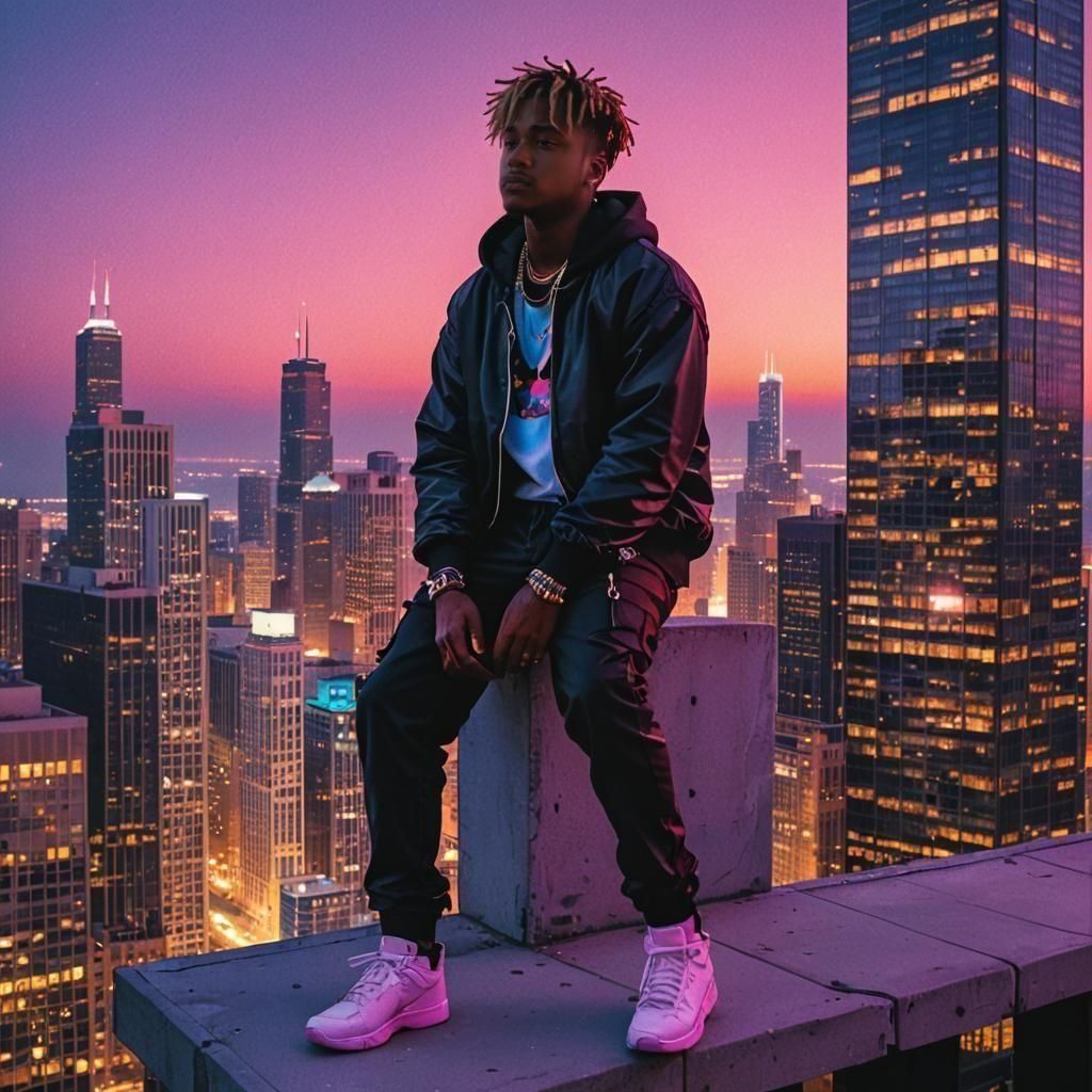 Juice Wrld Contemplating on a Skyscraper, Synthwave Style