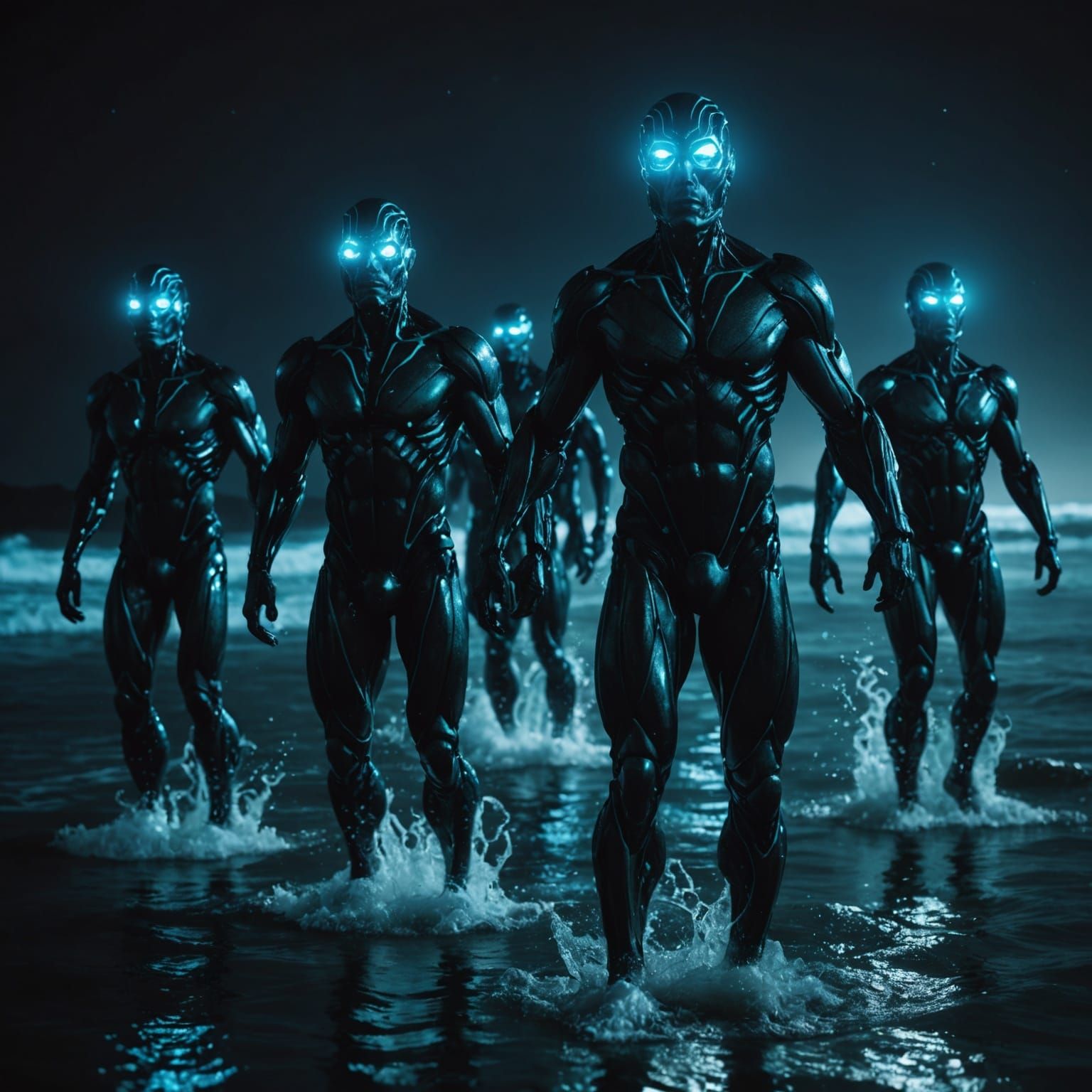 Bioluminescent Humanoids Emerge from Ocean: 8k Photography