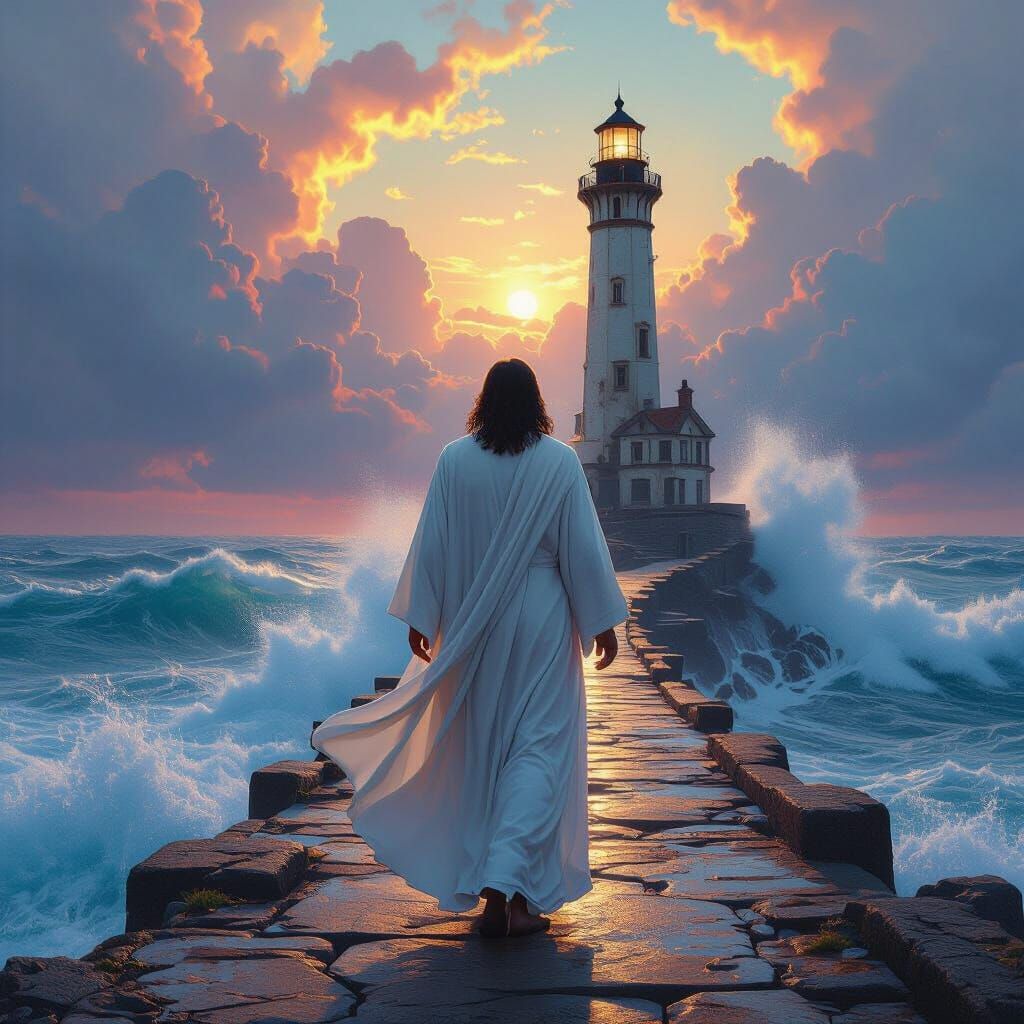 Hyperrealistic Jesus by Lighthouse in Fantasy Art Style