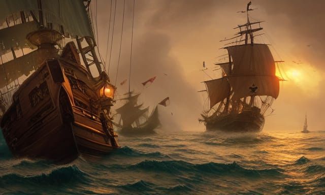 Pirates Gambling on Sailing Ship: Digital Art