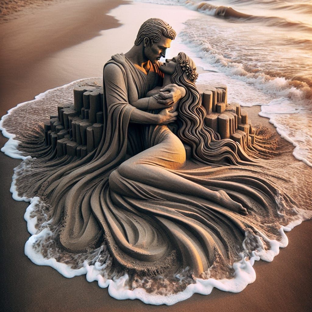 Sand Statue Eroded by Rising Tide at Sunset