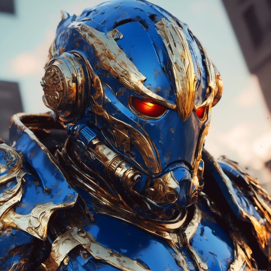 Blue Armored Superhero in Graffiti Art Style