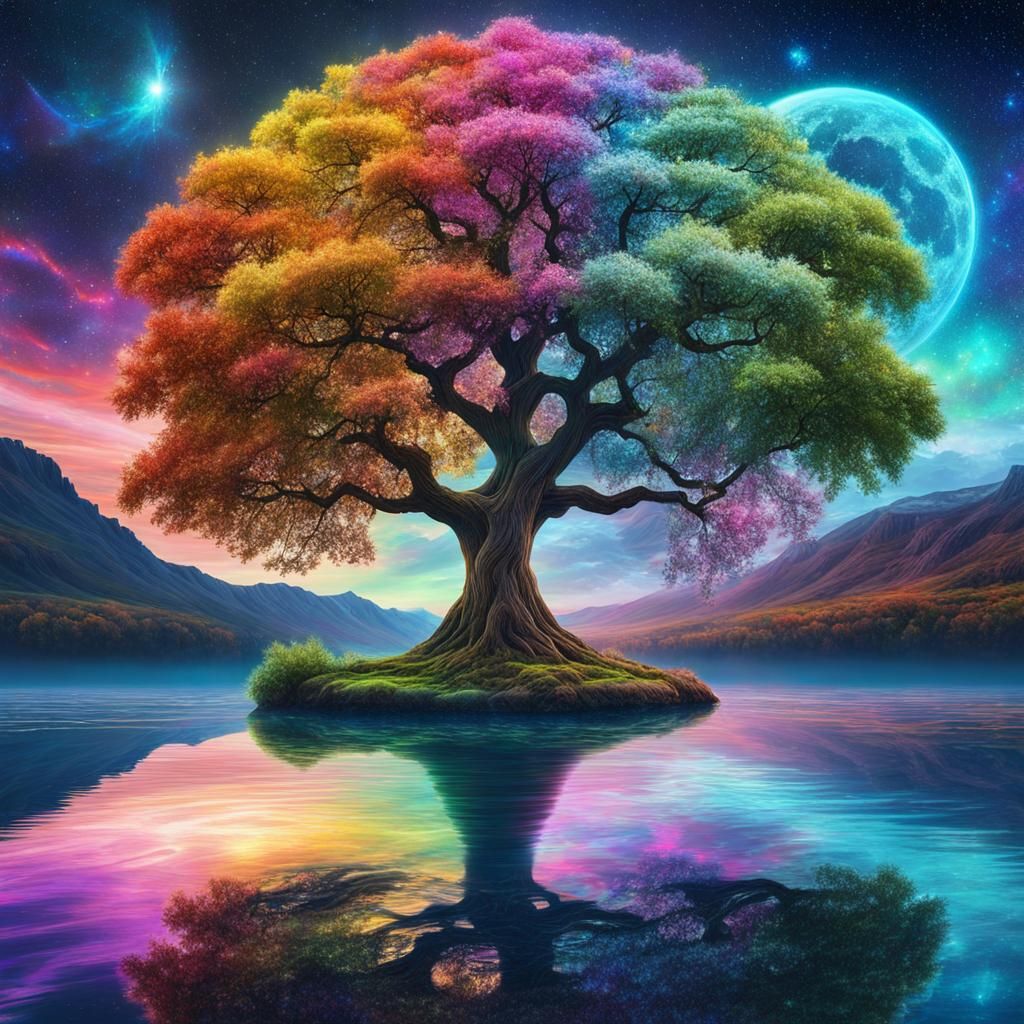 Four Seasons Tree in Lake: Cosmic Holographic Art