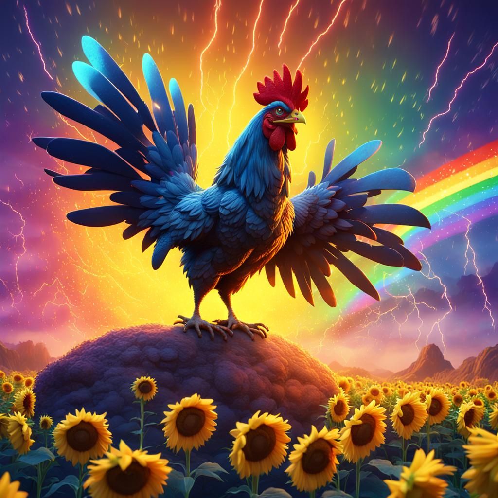 Chicken Rides Rainbow in Sunflower Rain, 3D Render