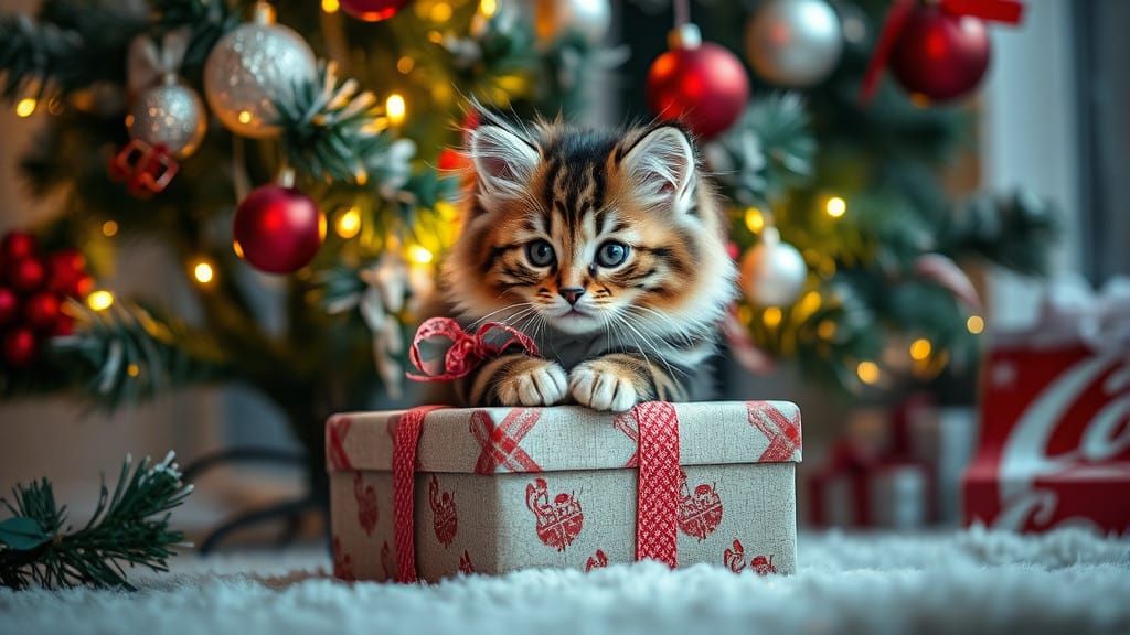 Joyful Christmas Kitten Scene in Vibrant Realism