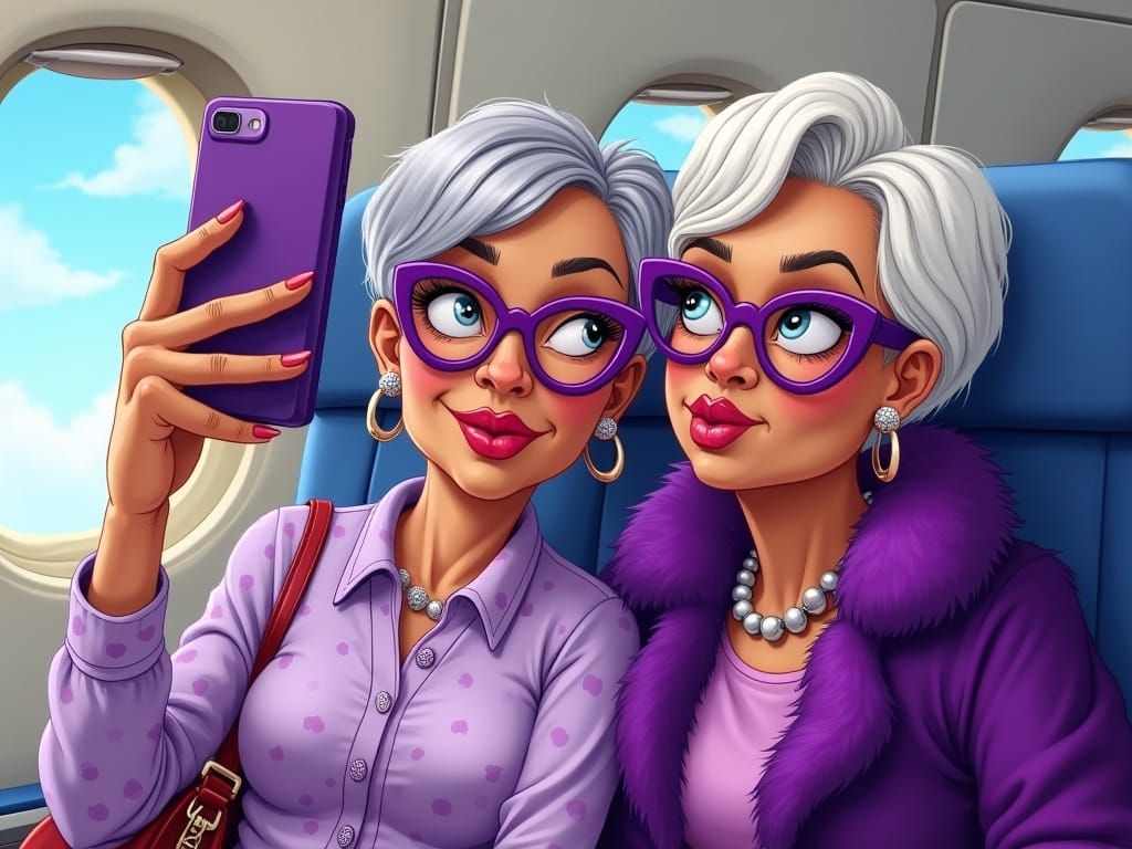 Fashionable Elderly Women Take Airplane Selfie