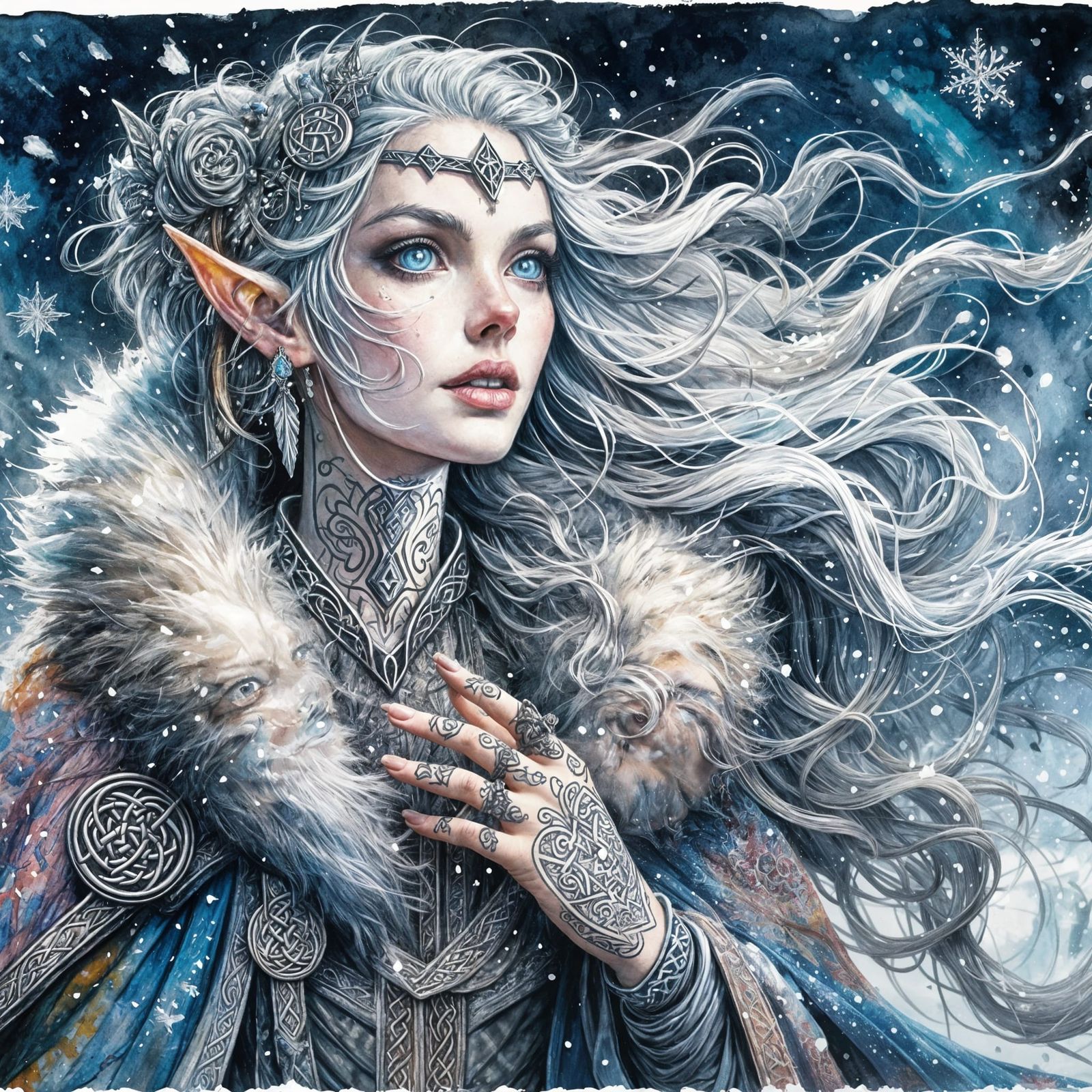 Majestic Elf Princess in Blizzard, Impasto Gouache Painting