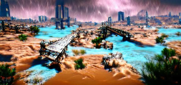 Apocalyptic Wasteland: Bridges Under a Stormy Sky