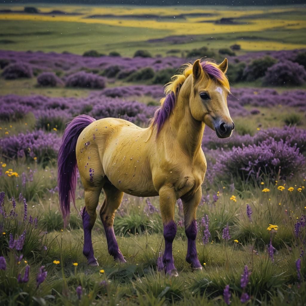 Yellow Pony with Purple Mane in Meadow