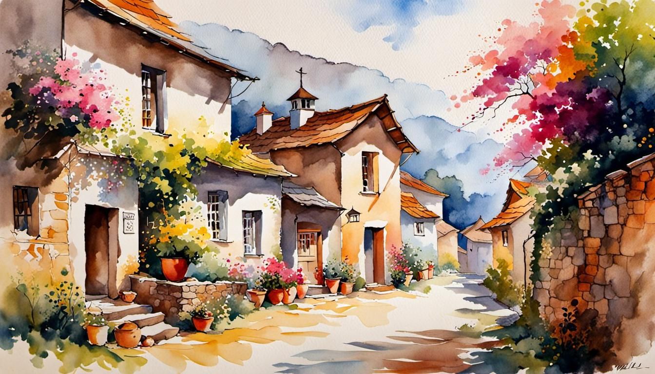 Picturesque Village in Impressionist Painting Style