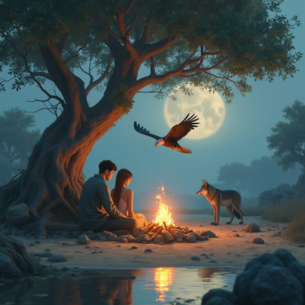 Lovers by Fire Pit Under Apple Tree: Anime Style