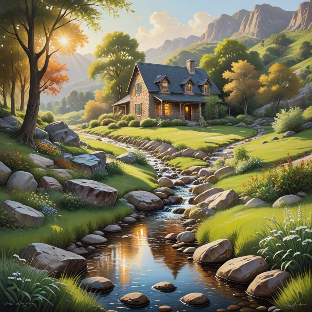 Serene Countryside Stream as Oil Painting