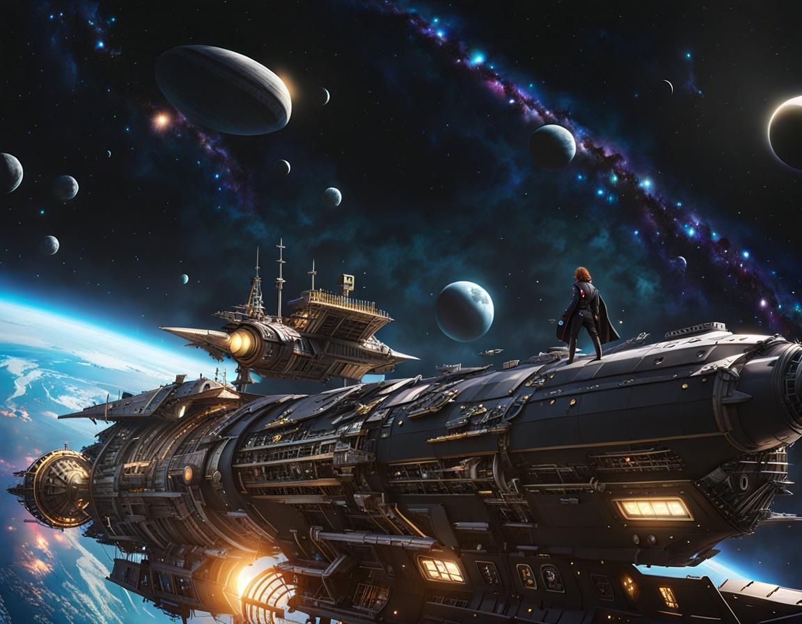 Captain Harlock on the Arcadia in Steampunk Anime Style