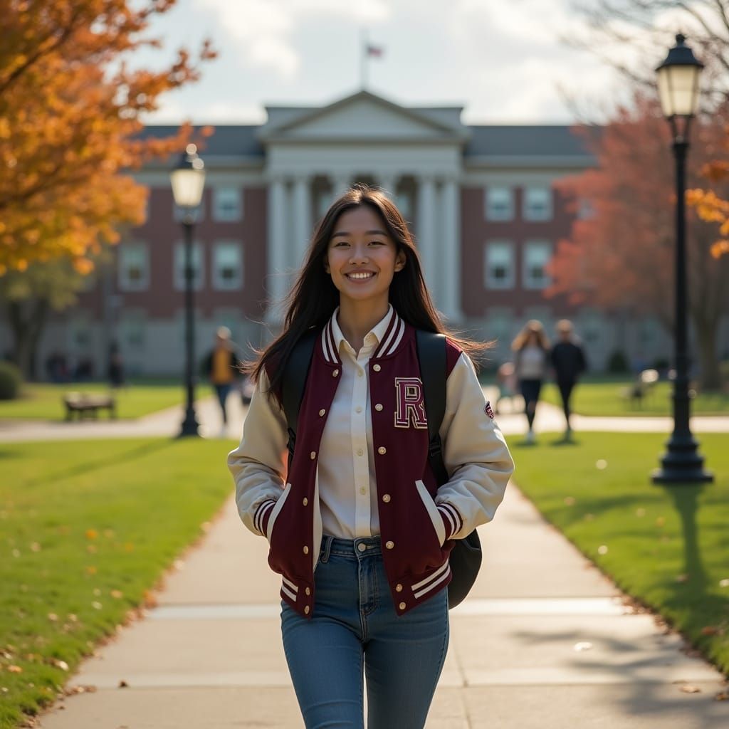 Asian American Woman in Varsity Jacket on University Quad
