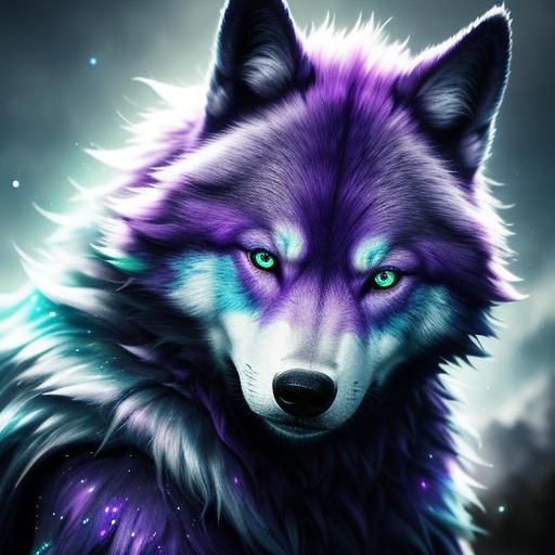 Galaxy wolf with a mix of Purple Fur and Green Fur Blue Eyes Fur is Glittery