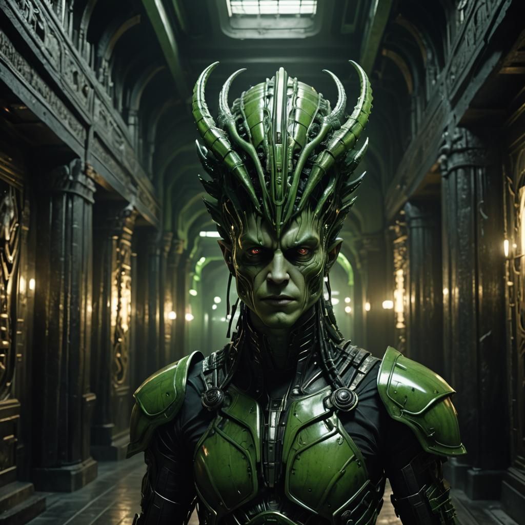 Green Warrior in Biomechanical Sci-Fi City