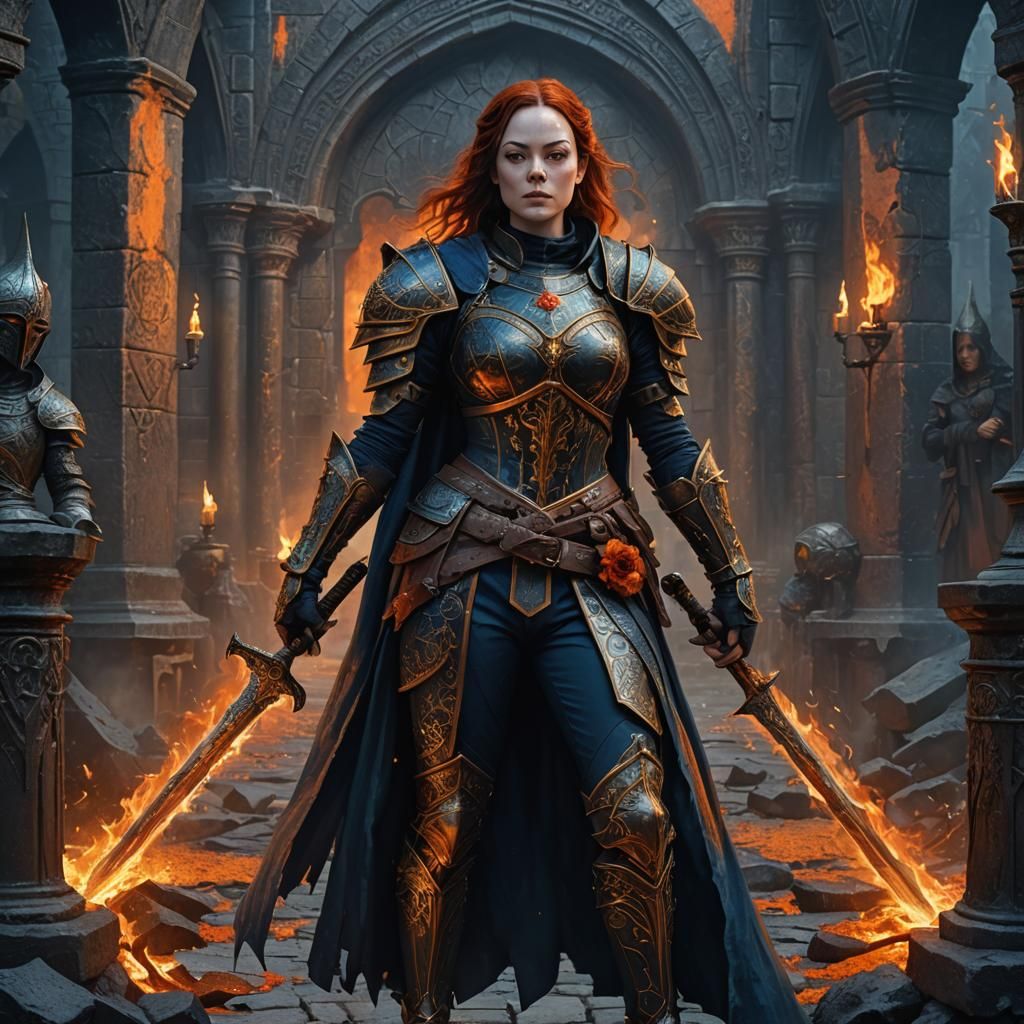 Medieval Fantasy Warrior in Fiery Landscape