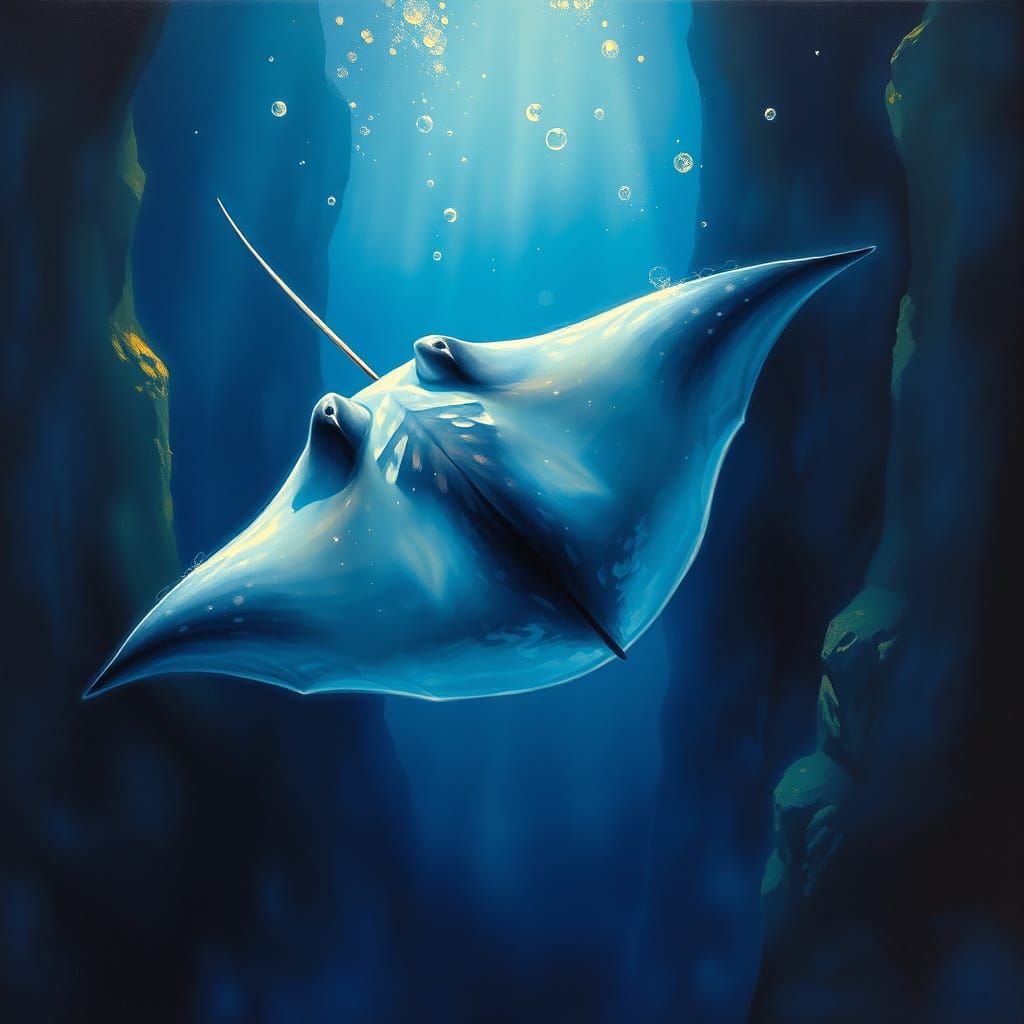 Majestic Manta Ray Glides Above Deep Blue Chasm in Whimsical...