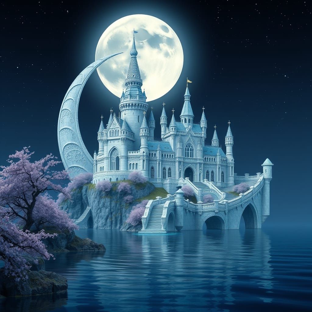 Ice Castle City on Crescent Moon Above Midnight Sea