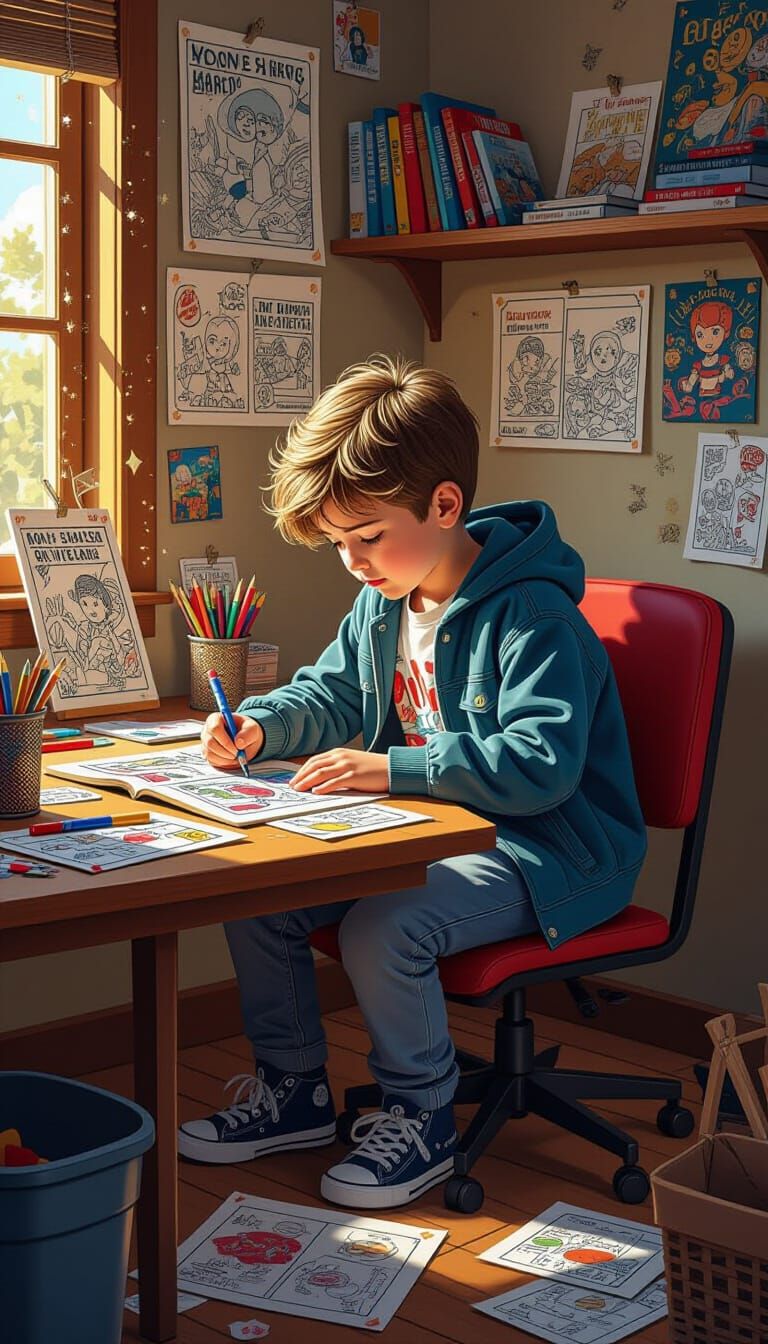 Boy Creating Comic Book in Cozy Workspace