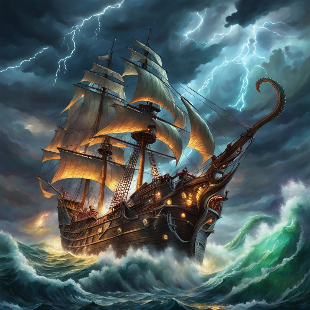 Pirate Ship Battles Kraken in Stormy Seas as Oil Painting