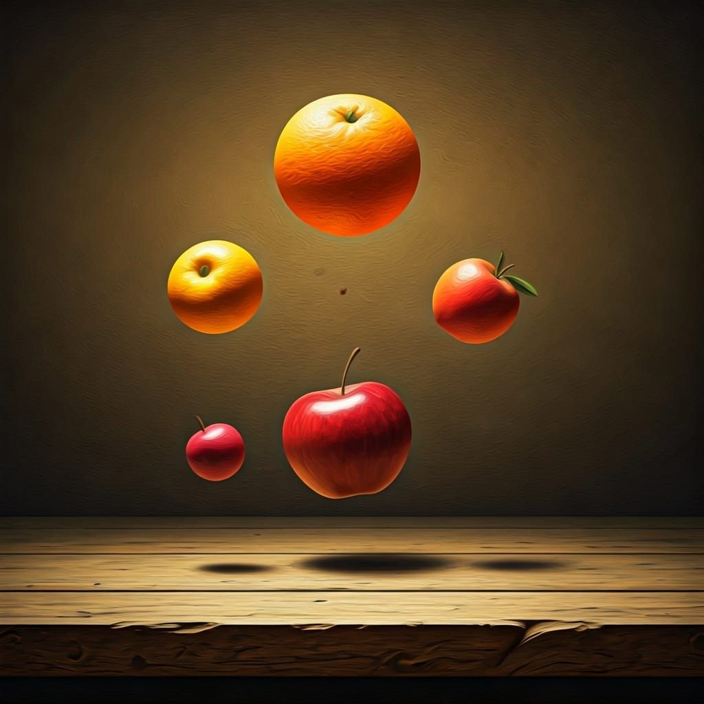 Floating Fruit in Golden Light: Surreal Oil Painting