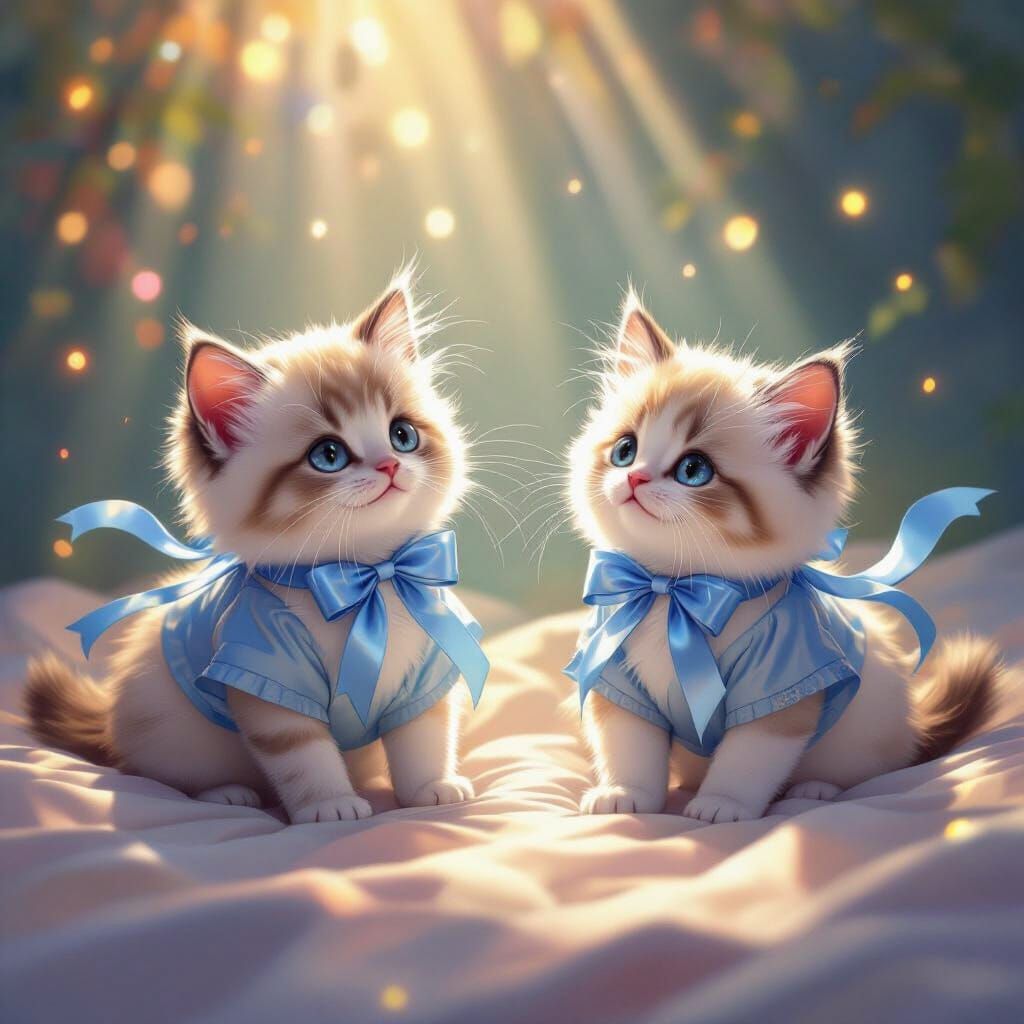 Ragdoll Kittens Play in Shimmering Sunbeams, Manga Style