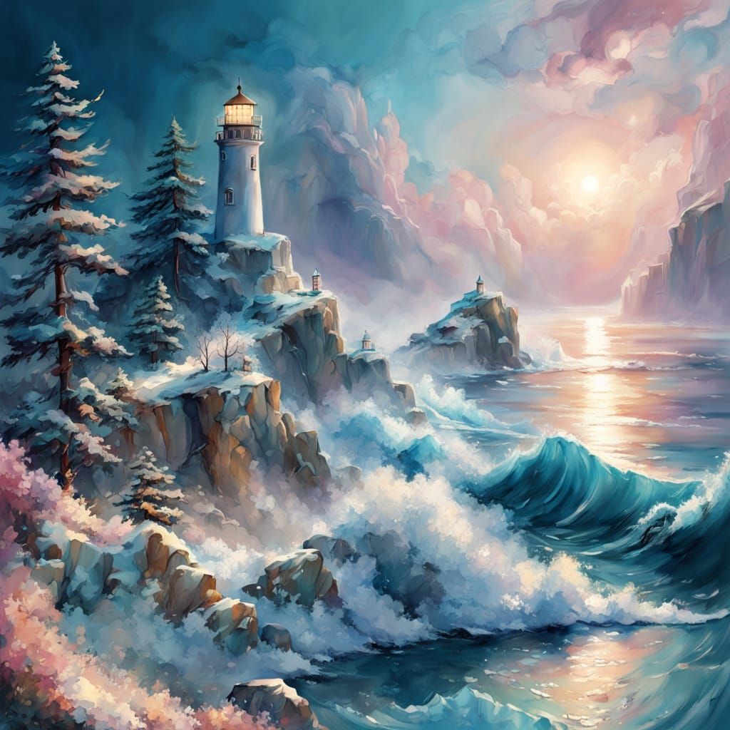 Watercolor Ship on Icy Ocean with Lighthouse