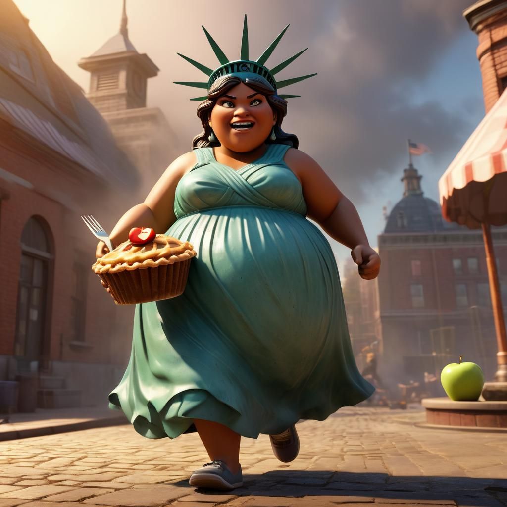Humorous Overweight Liberty in Pixar Style