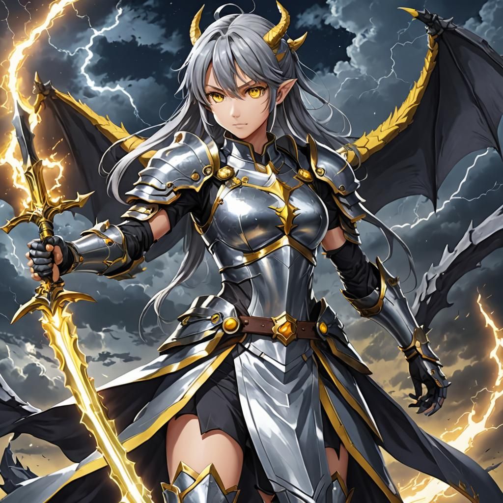 Anime Spellcaster with Energy Sword Under Lightning