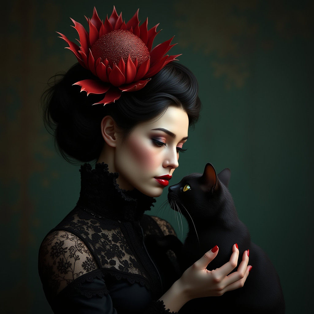 Victorian Woman with Cat, Digital Art Portrait