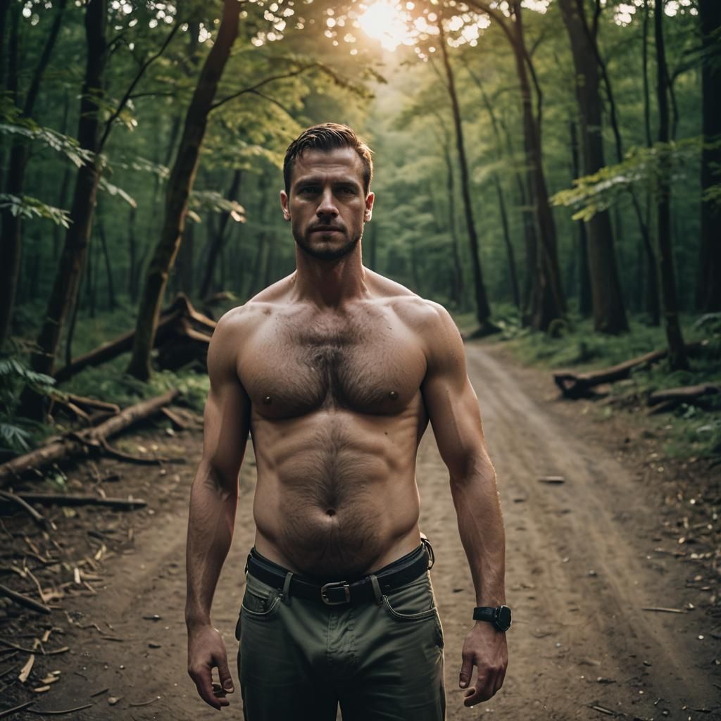 Cinematic Film Still of Shirtless Pregnant Man