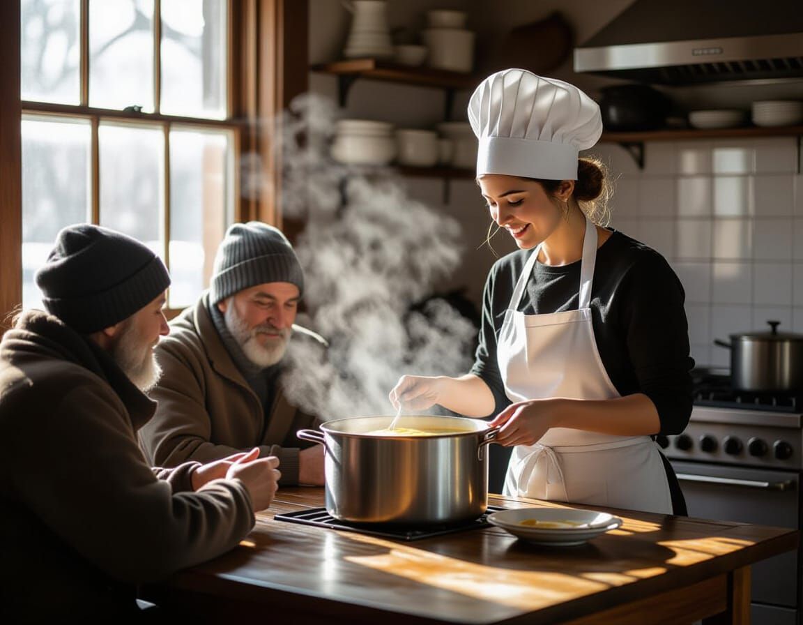 Kindness in Kitchen: Woman Serves Soup to Homeless