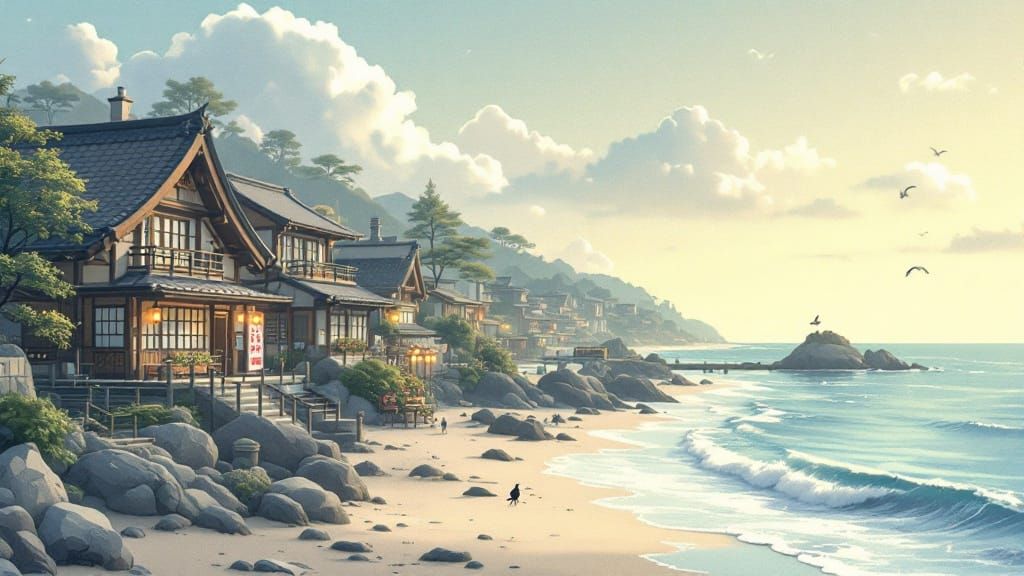 Japanese Seaside Town in Watercolor Style